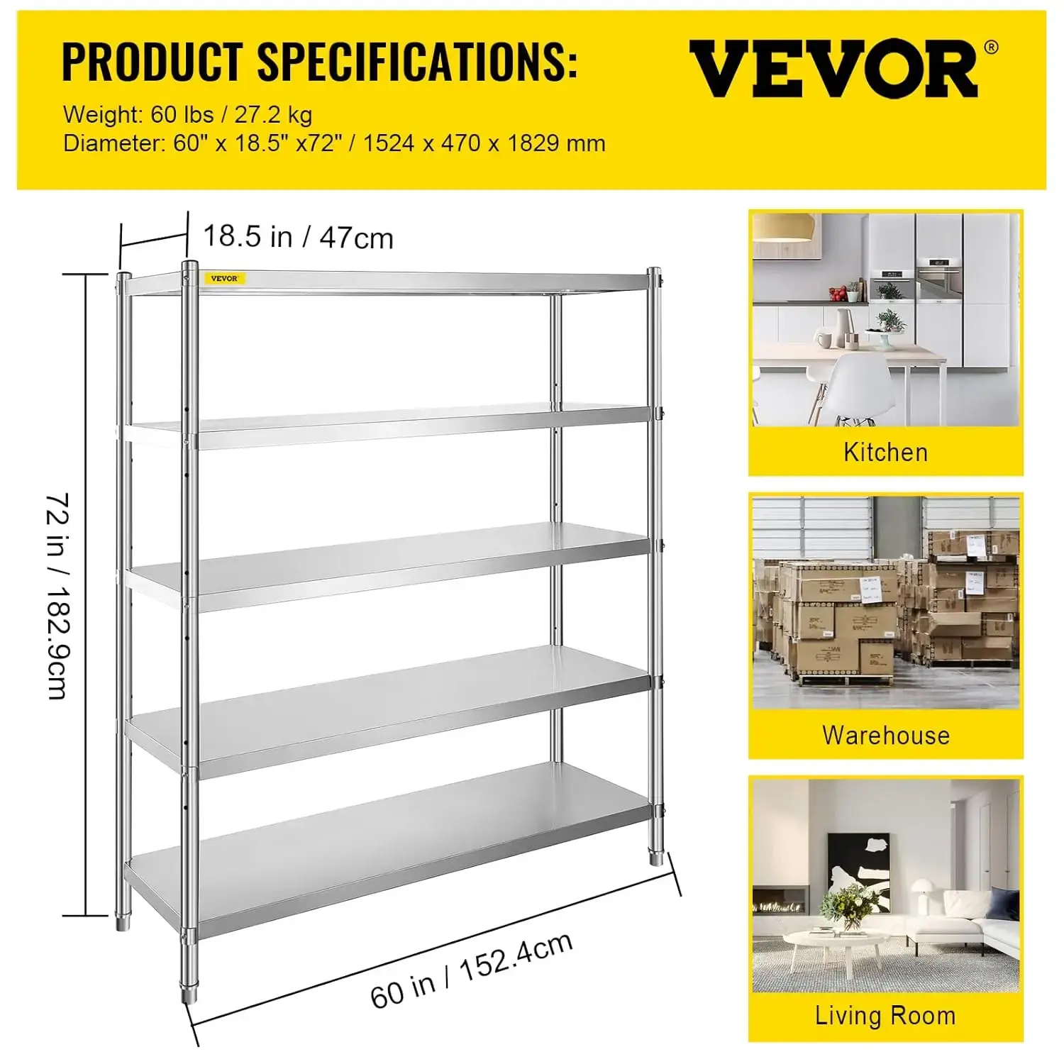 Stainless Steel Shelving 60x18.5 Inch 5 Tier Adjustable Shelf Storage Unit Stainless Steel Heavy Duty Shelving for Kitchen