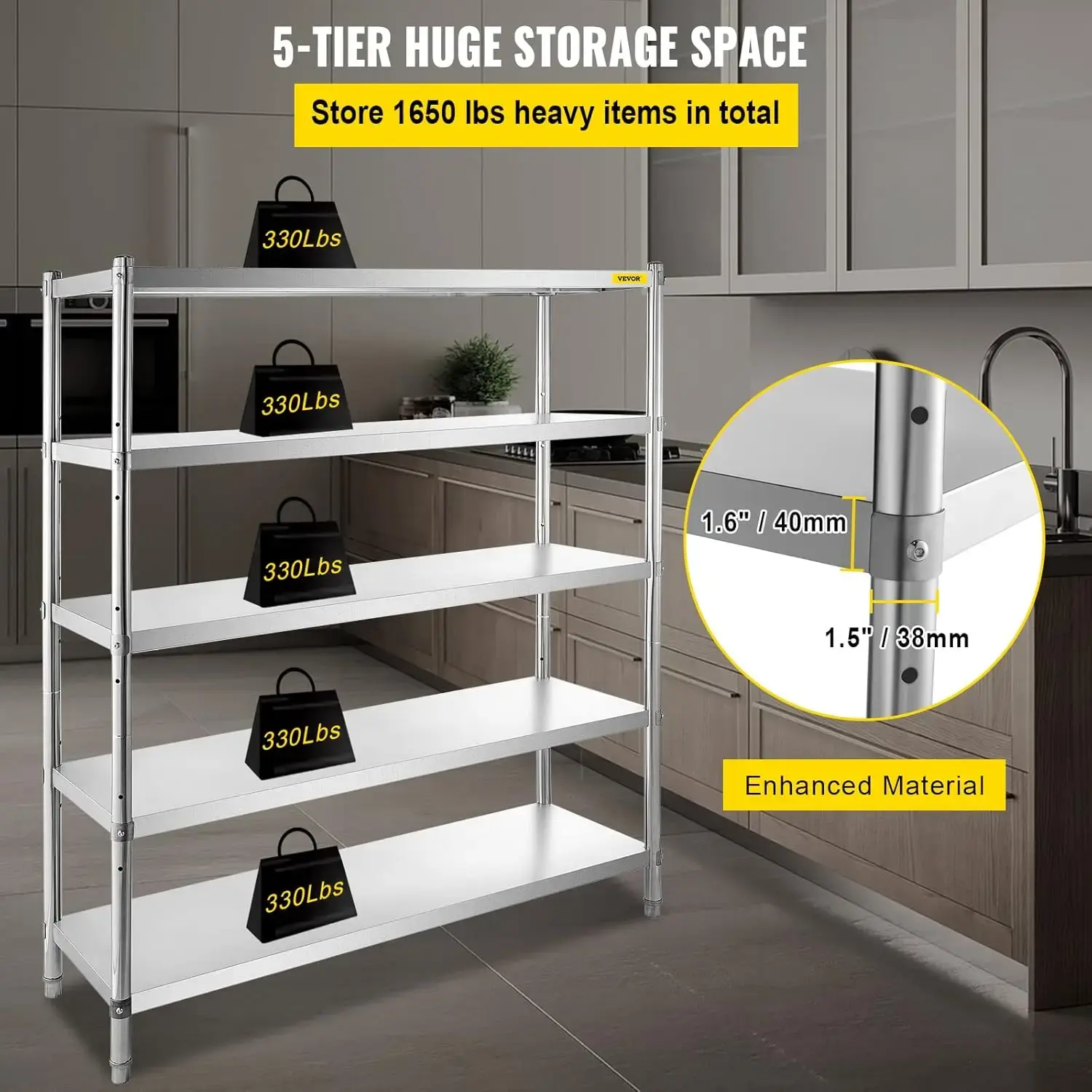 Stainless Steel Shelving 60x18.5 Inch 5 Tier Adjustable Shelf Storage Unit Stainless Steel Heavy Duty Shelving for Kitchen