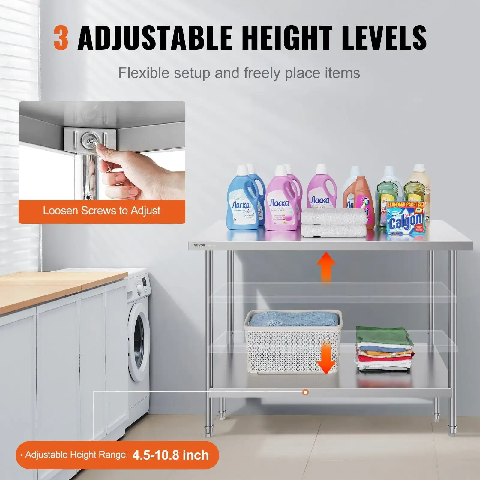Stainless Steel Prep Table, 30 x 48 x 34 Inch, Heavy Duty Metal Worktable with 3 Adjustable Height Levels