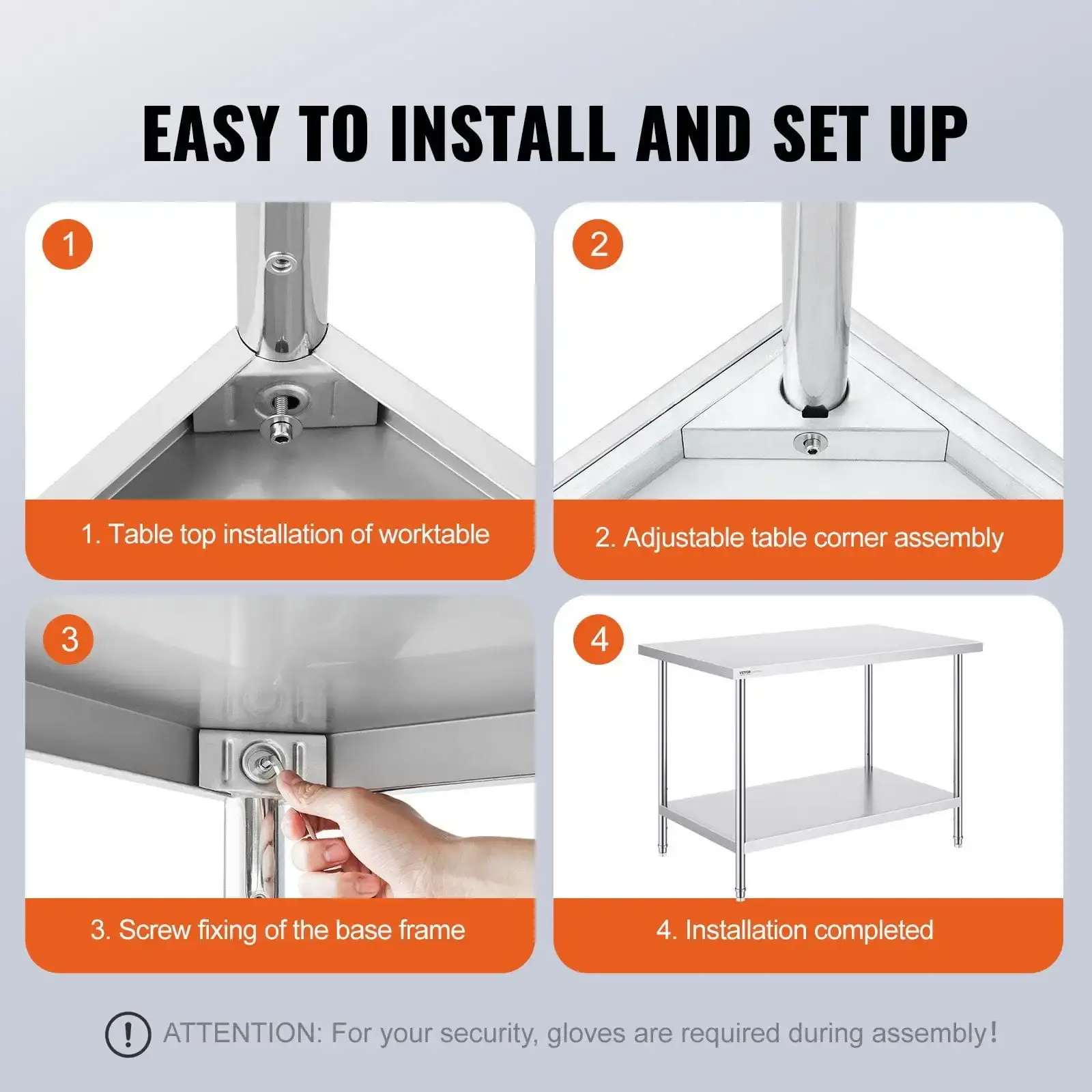 Stainless Steel Prep Table, 30 x 48 x 34 Inch, Heavy Duty Metal Worktable with 3 Adjustable Height Levels