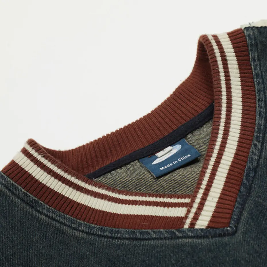 Vintage Denim Sweatshirts Letter Embroidery Oversized Hoodies Streetwear Harajuku Hip Hop Hoodies