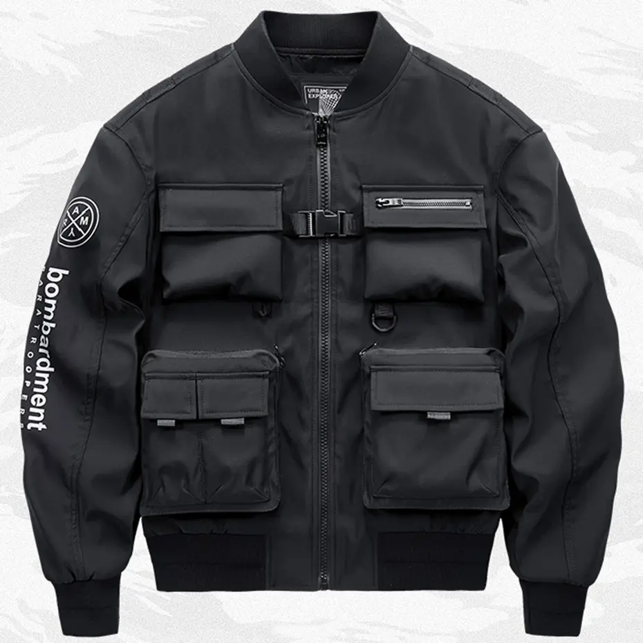 Men's Techwear Cargo Bomber Jacket Back Pocket Oversized Streetwear Hip Hop Punk Style Black Jackets Military MA1 Coat Harajuku