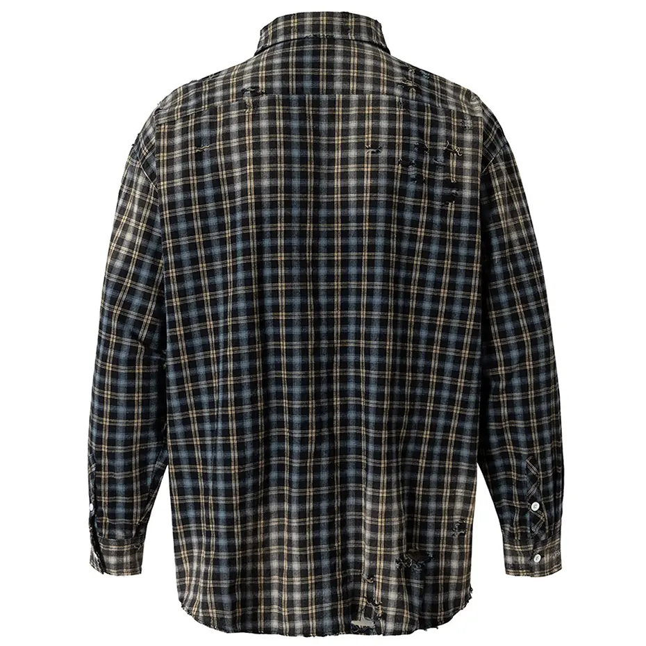 Vintage Plaid Shirts Men Streetwear Harajuku Oversized Hip Hop Shirts Button Up Blouse Loose Ripped Shirts