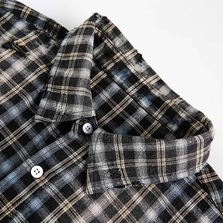 Vintage Plaid Shirts Men Streetwear Harajuku Oversized Hip Hop Shirts Button Up Blouse Loose Ripped Shirts