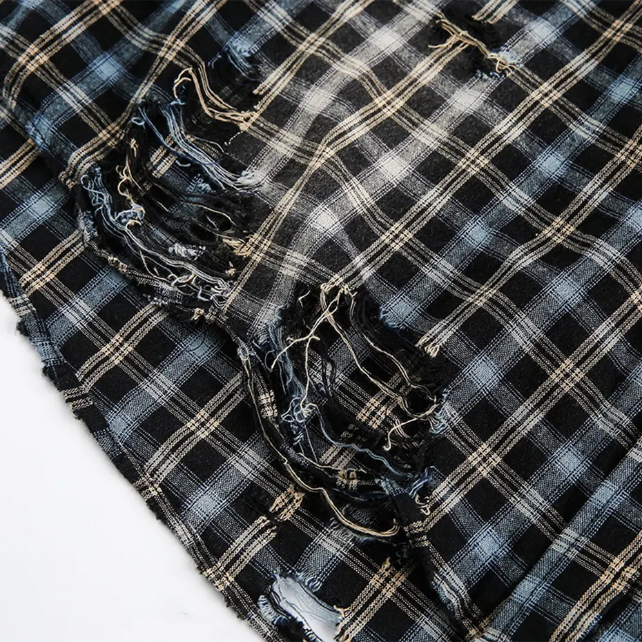 Vintage Plaid Shirts Men Streetwear Harajuku Oversized Hip Hop Shirts Button Up Blouse Loose Ripped Shirts
