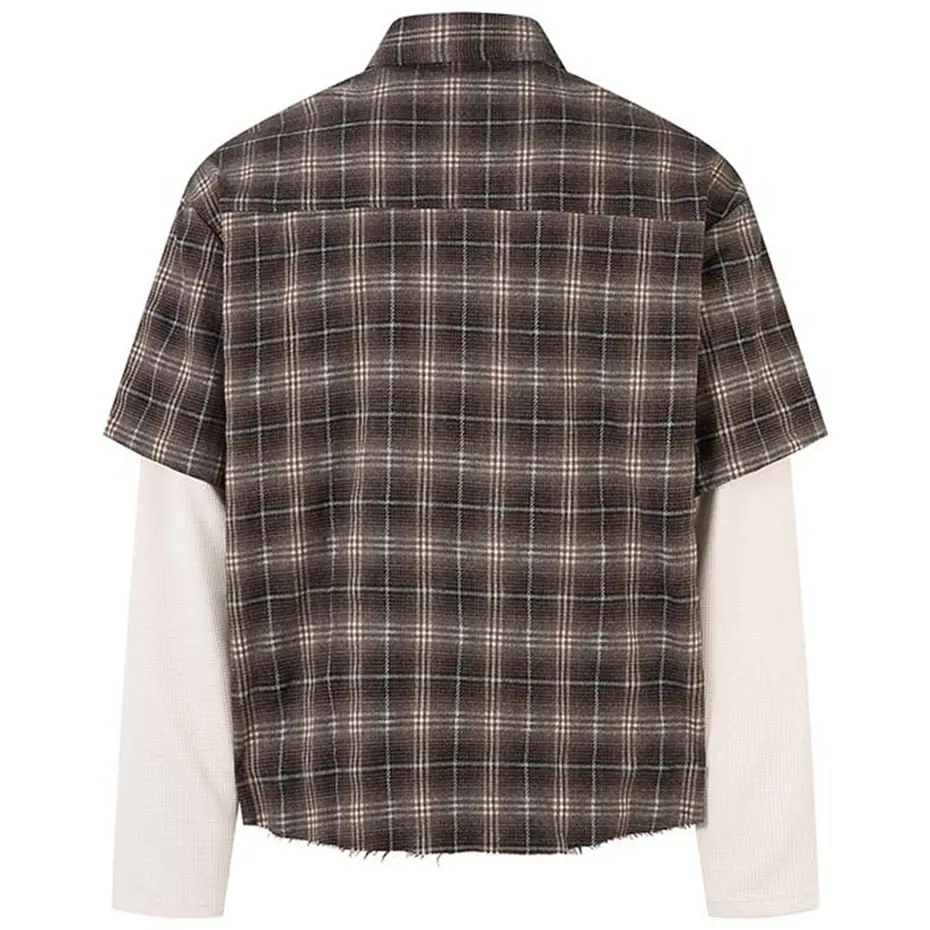 Vintage Plaid Shirts Fake Two Piece Loose Long Sleeve Shirts Button Up Blouse Streetwear Harajuku Hip Hop Shirts