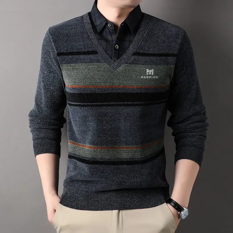 New Winter Men Shirts Collar Sweaters Outwear Casual Twinset Shirts Sweaters Man Knitted Pullovers Male Fleece Warm Sweaters 5XL