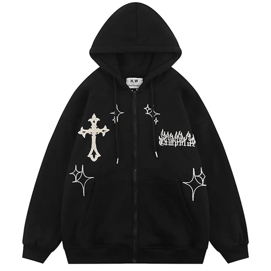 Cross Embroidery Hoodies Streetwear Harajuku Hip Hop Oversized Hooded Jackets Loose Casual Graphic Hoodies Sweatshirts