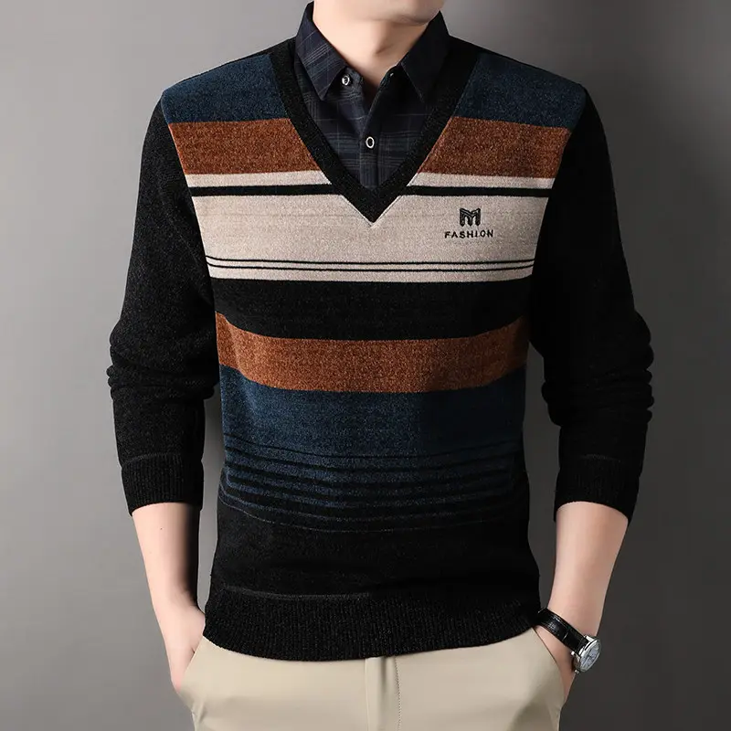 New Winter Men Shirts Collar Sweaters Outwear Casual Twinset Shirts Sweaters Man Knitted Pullovers Male Fleece Warm Sweaters 5XL