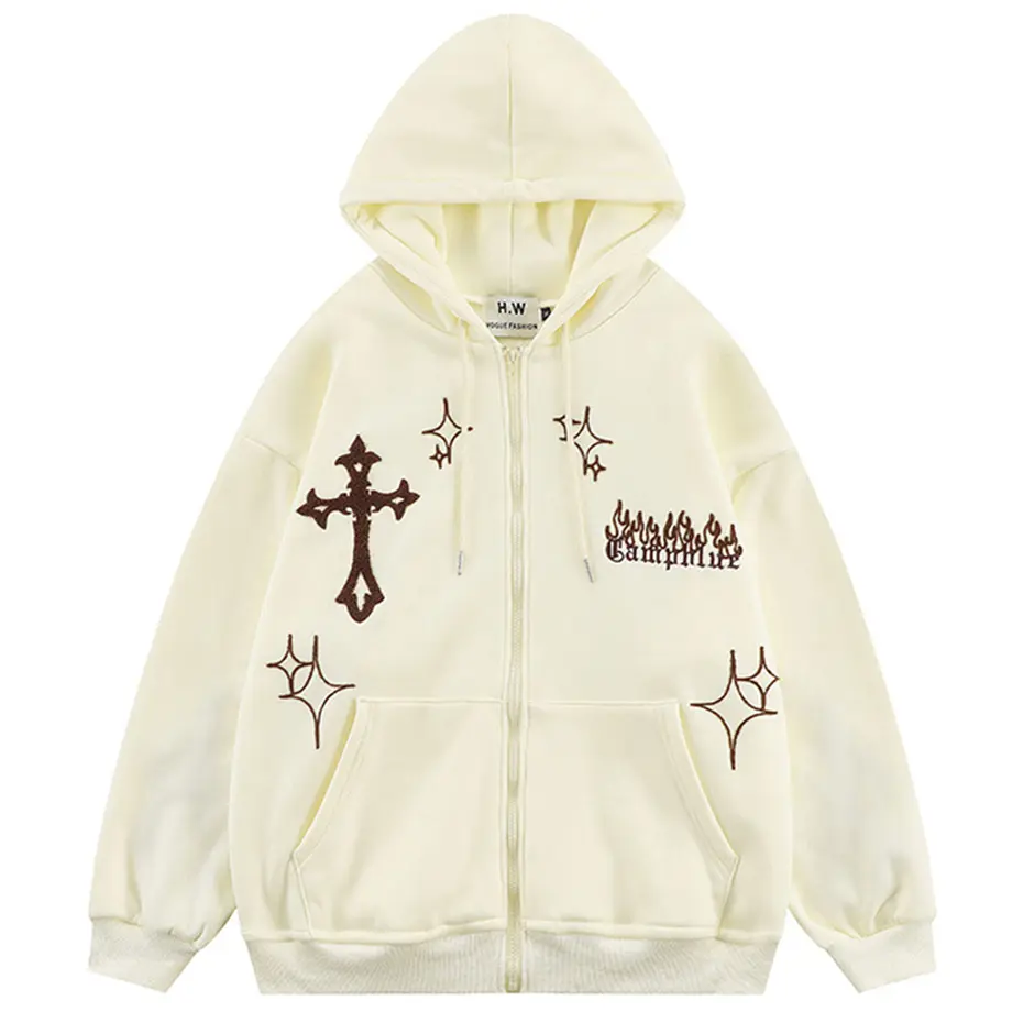 Cross Embroidery Hoodies Streetwear Harajuku Hip Hop Oversized Hooded Jackets Loose Casual Graphic Hoodies Sweatshirts