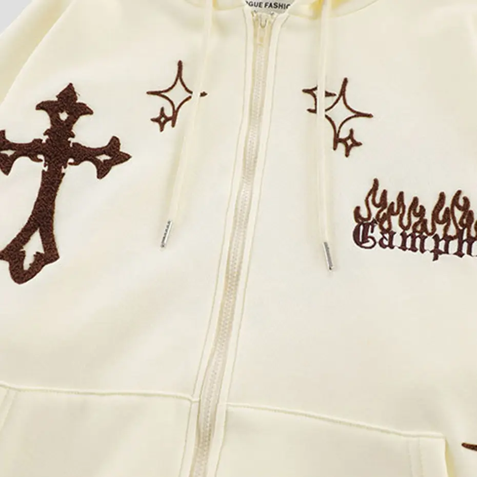 Cross Embroidery Hoodies Streetwear Harajuku Hip Hop Oversized Hooded Jackets Loose Casual Graphic Hoodies Sweatshirts
