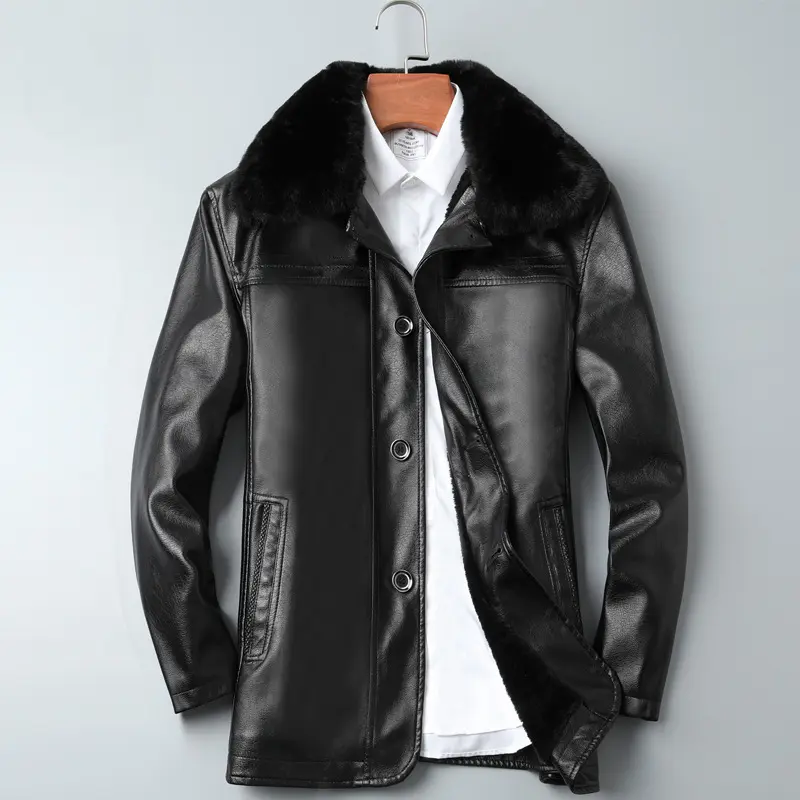 New Winter Men Fur Collar Long Leather Jackets Quality Male Fleece Casual PU Leather Coats Men Wool Liner Warm Leather Jacket 3X
