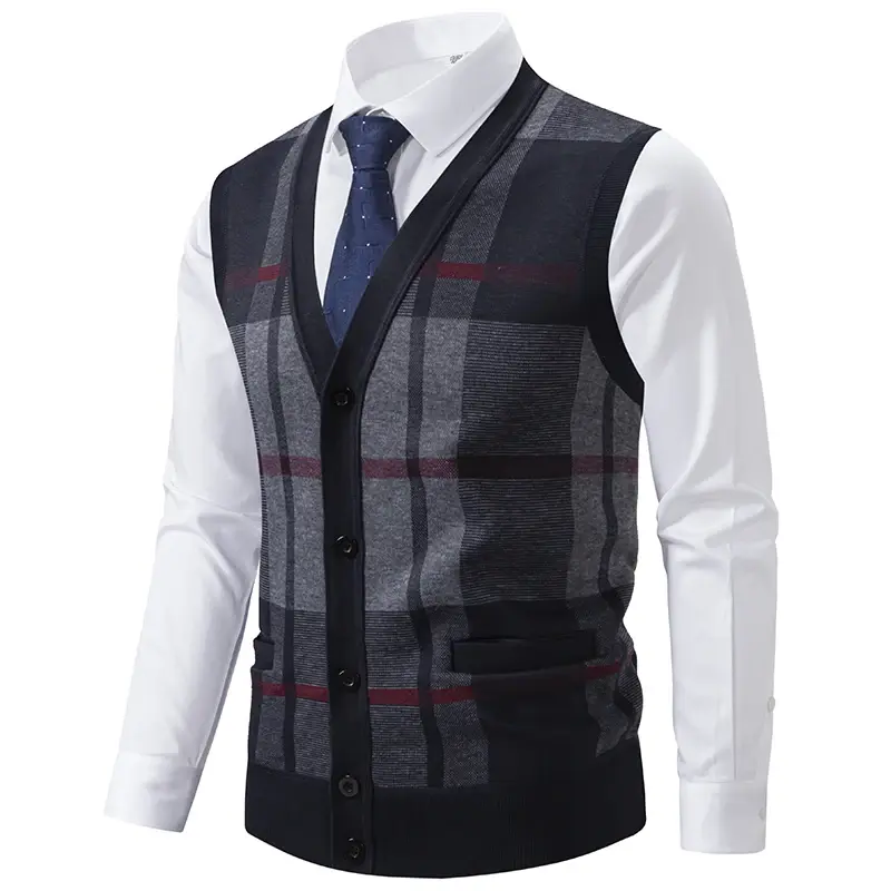 Men Plaid Casual Knitted Waistcoats Sweater Vests Sleeveless Cardigans Autumn Male Outwear Sleeveless Sweatercoats Vests Size 3X