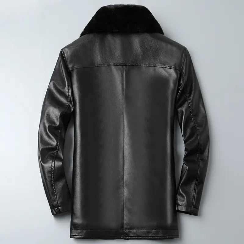 New Winter Men Fur Collar Long Leather Jackets Quality Male Fleece Casual PU Leather Coats Men Wool Liner Warm Leather Jacket 3X
