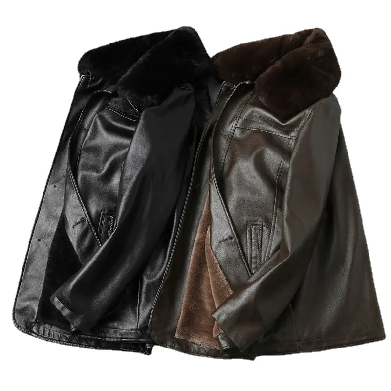 New Winter Men Fur Collar Long Leather Jackets Quality Male Fleece Casual PU Leather Coats Men Wool Liner Warm Leather Jacket 3X