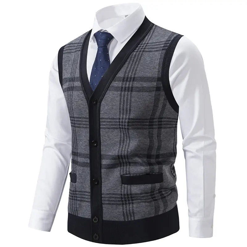 Men Plaid Casual Knitted Waistcoats Sweater Vests Sleeveless Cardigans Autumn Male Outwear Sleeveless Sweatercoats Vests Size 3X