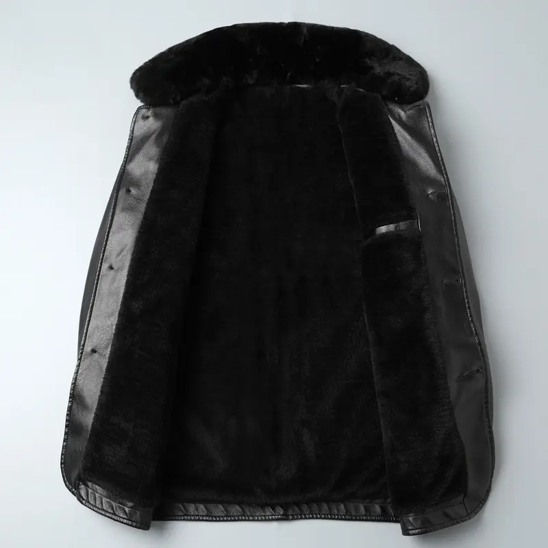New Winter Men Fur Collar Long Leather Jackets Quality Male Fleece Casual PU Leather Coats Men Wool Liner Warm Leather Jacket 3X