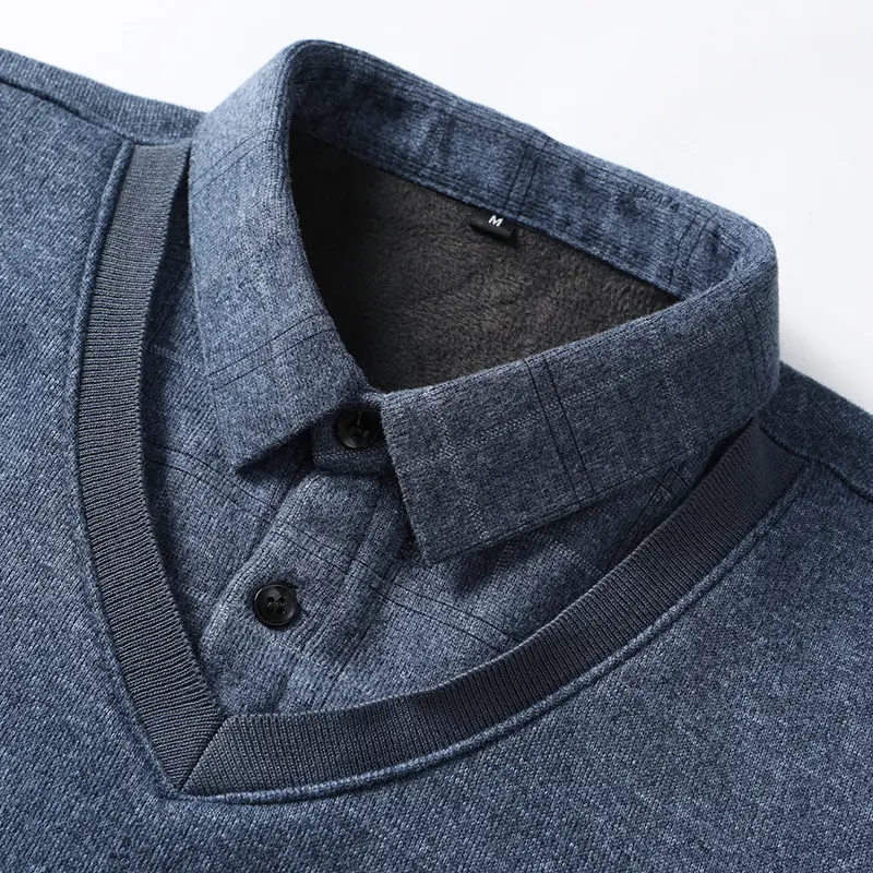 New Autumn Men Outwear Casual Twinset Shirts Sweaters Winter Knitted Pullovers Sweaters Male Fleece Warm Fake Two P Sweaters 4XL