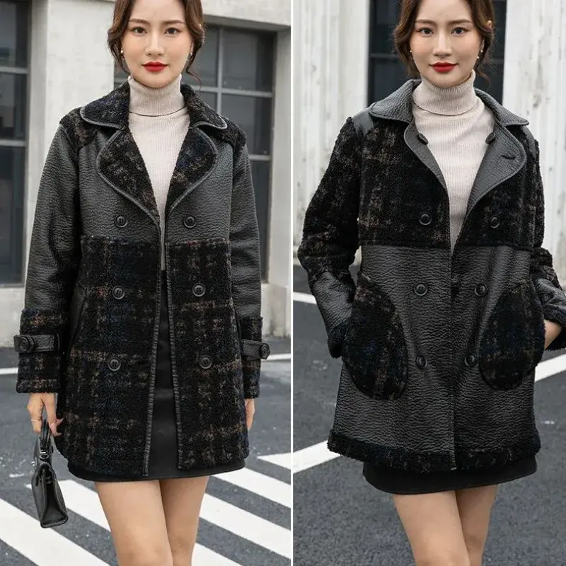 New Winter Women Leather Trench Coats Fleece Warm Long Jackets Good Quality Women Plaid Casual Loose PU Leather Trench Coats 5X
