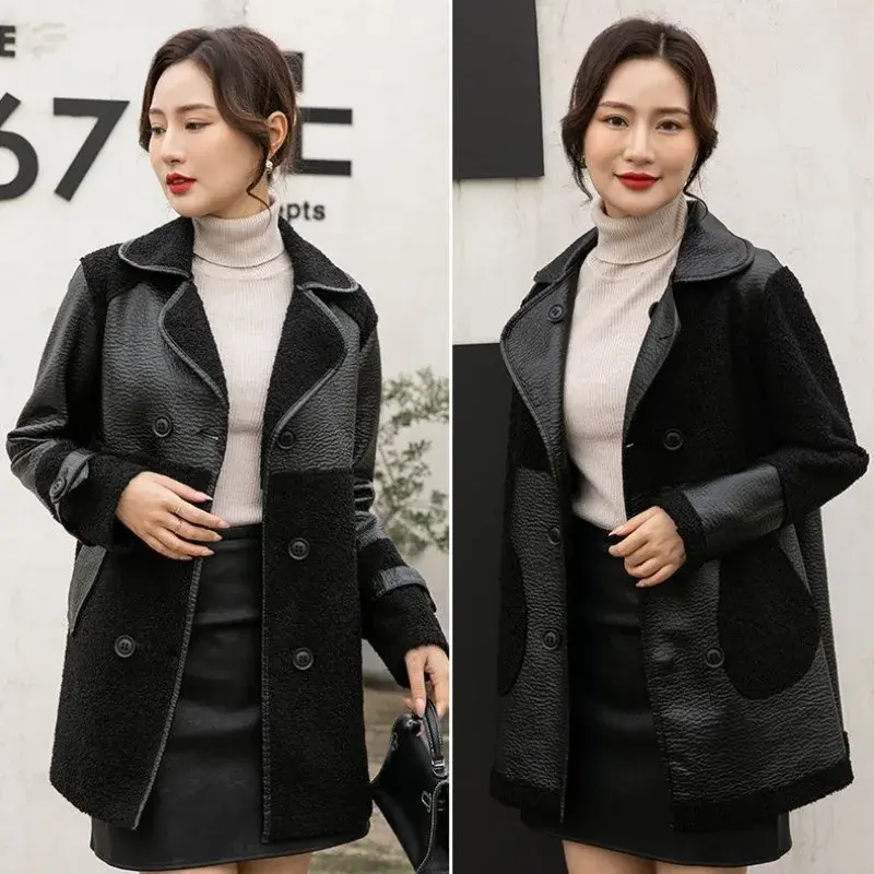 New Winter Women Leather Trench Coats Fleece Warm Long Jackets Good Quality Women Plaid Casual Loose PU Leather Trench Coats 5X