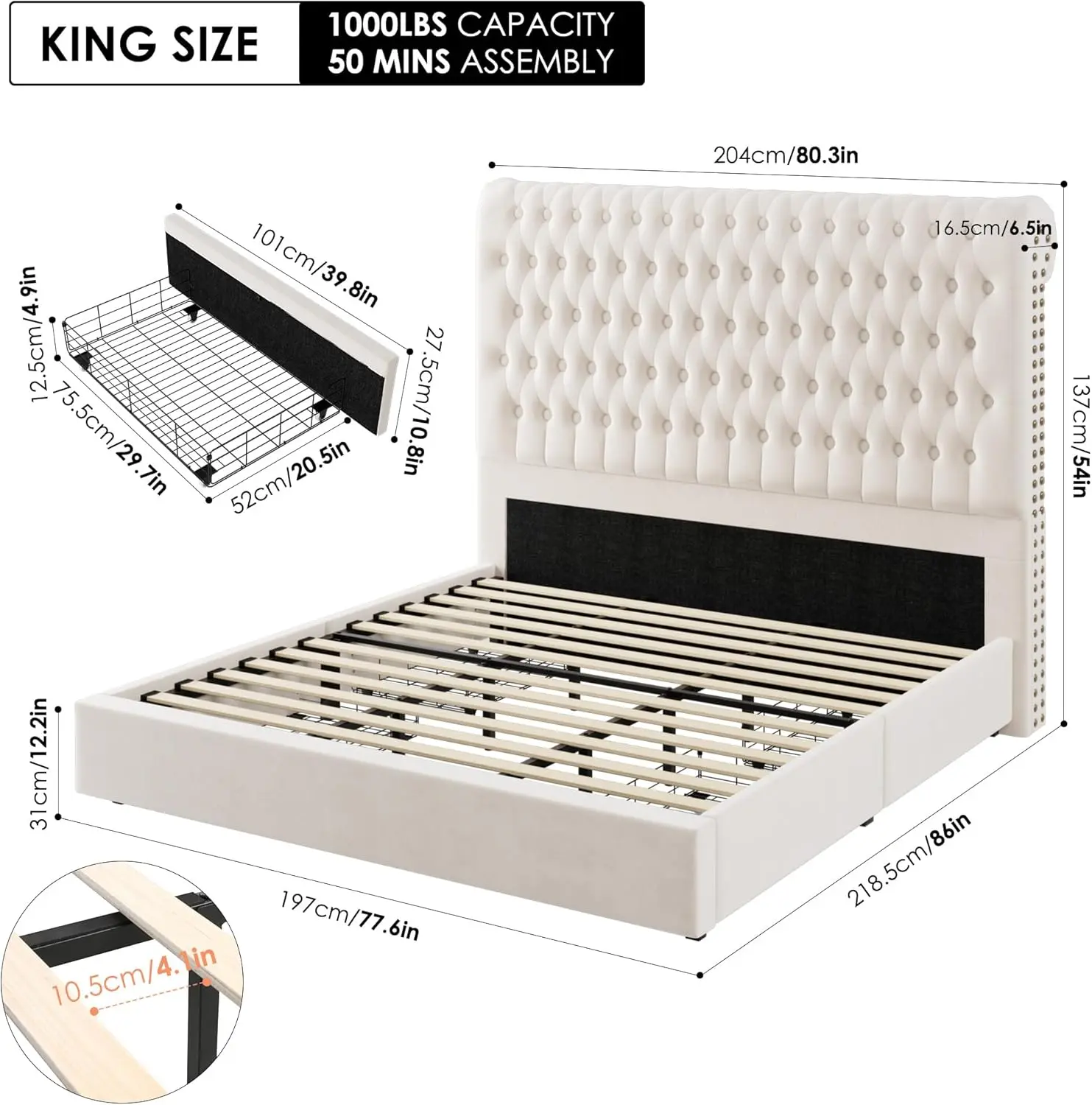 King Size Bed Frame 54" Tall Headboard with Gorgeous Button Tufted and Nail, Velvet Fabric Upholstered Bed Frame includes