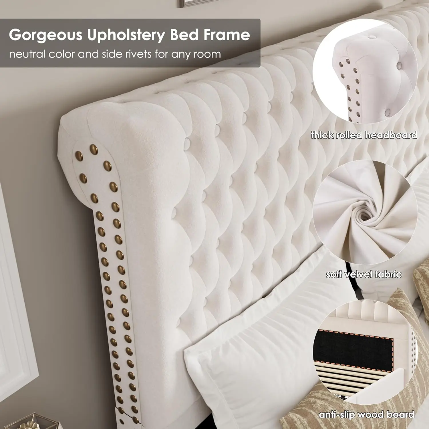King Size Bed Frame 54" Tall Headboard with Gorgeous Button Tufted and Nail, Velvet Fabric Upholstered Bed Frame includes