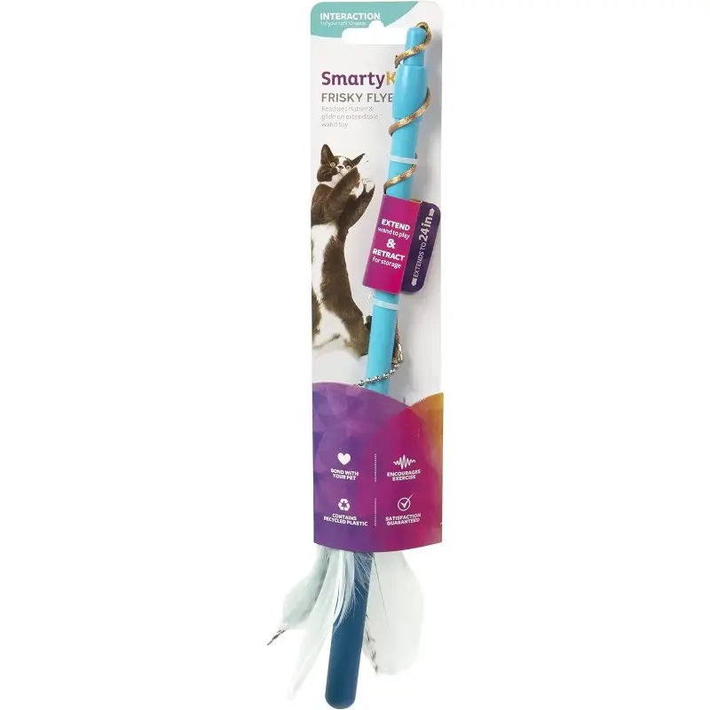 Frisky Flyer Feather Wand Cat Toy, Extendable Up to 24" - Blue, One Size