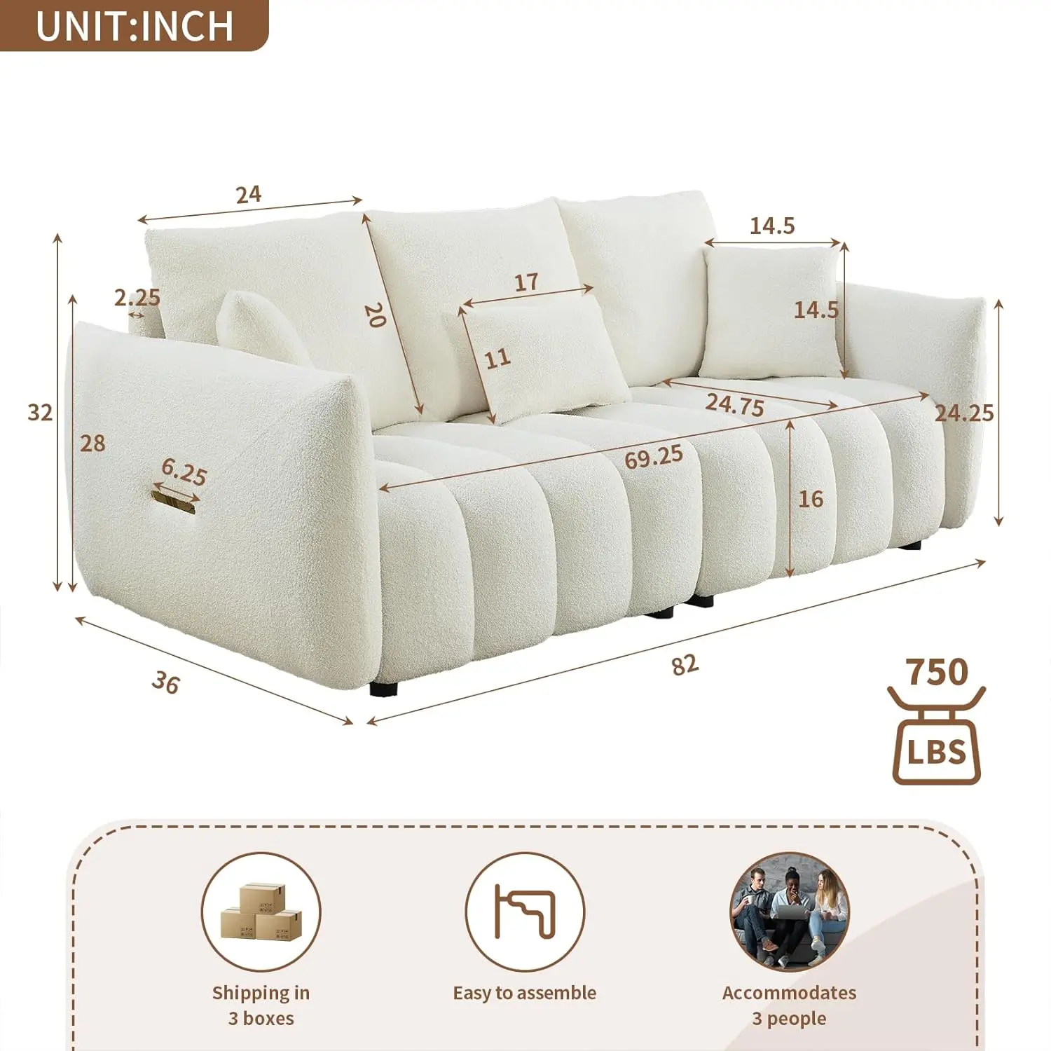 82" Modern Sofa Couch, Comfy Deep Seat Teddy Cloud Sofa, Upholstered 3-Seater Boucle Couch, Oversized Loveseat for Living Room