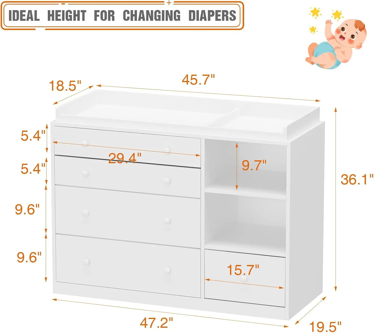 Changing Table Dresser, Baby Classic Nursery Dresser with 5 Drawers and 2 Shelves, Multi-Functional Baby Changing Table