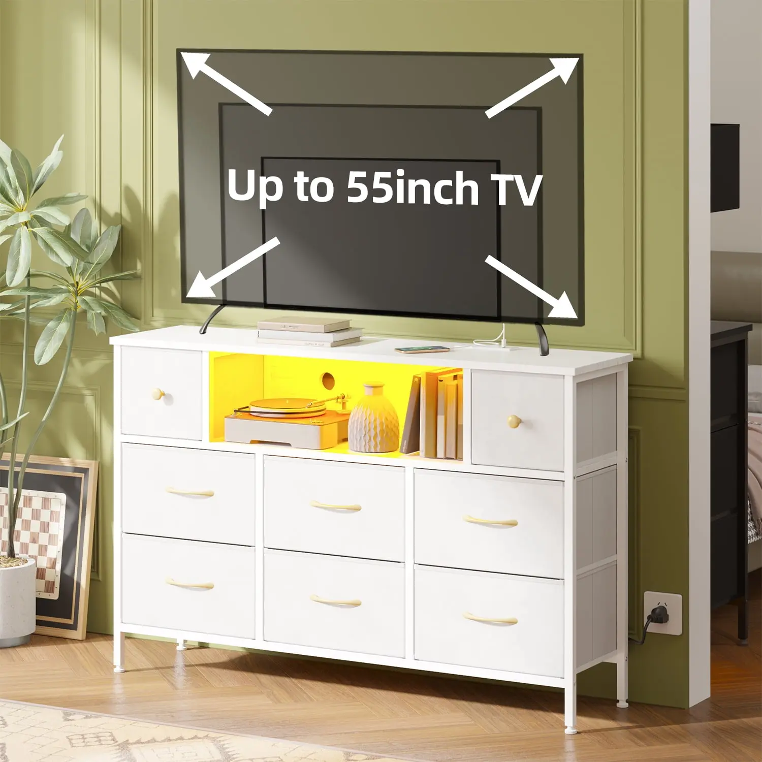 Dresser for Bedroom with Power Outlets and LED Lights, White 55" TV Stand with 8 Drawers, Fabric Chest of Drawers