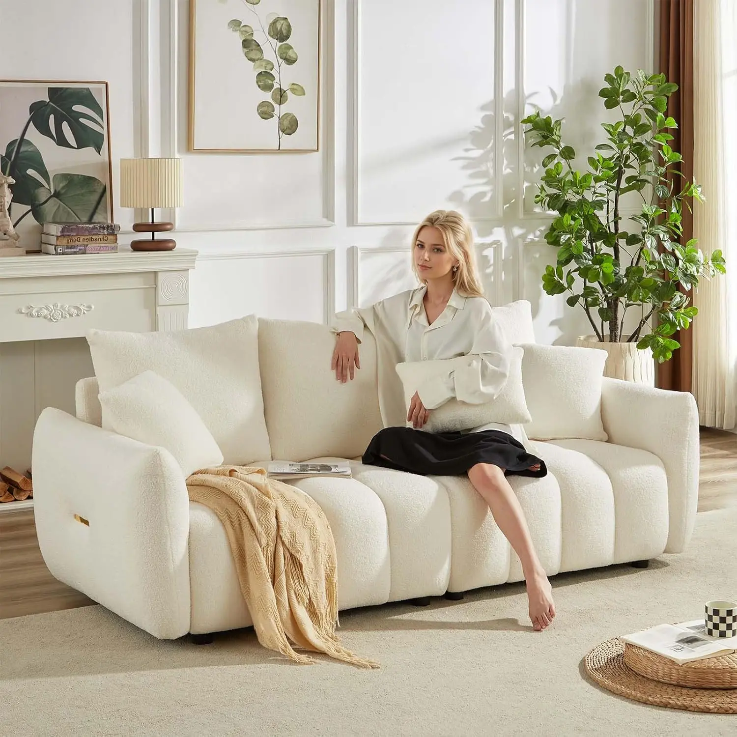 82" Modern Sofa Couch, Comfy Deep Seat Teddy Cloud Sofa, Upholstered 3-Seater Boucle Couch, Oversized Loveseat for Living Room
