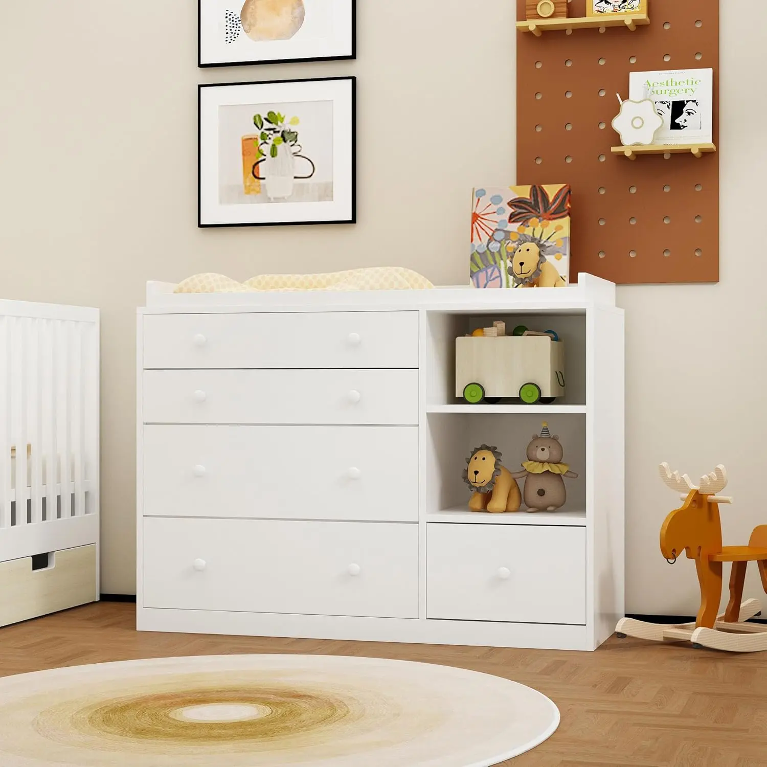 Changing Table Dresser, Baby Classic Nursery Dresser with 5 Drawers and 2 Shelves, Multi-Functional Baby Changing Table