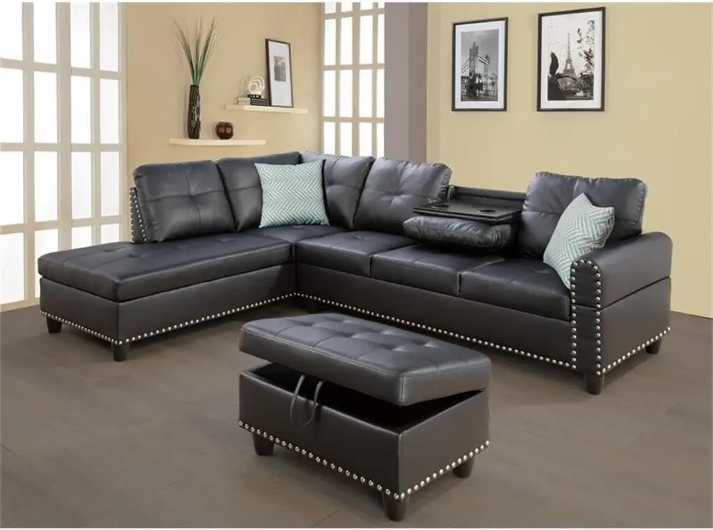 Transitional PU Faux Leather Sectional Sofa with Lift-top Storage Ottoman, for Living Room in Black Finish