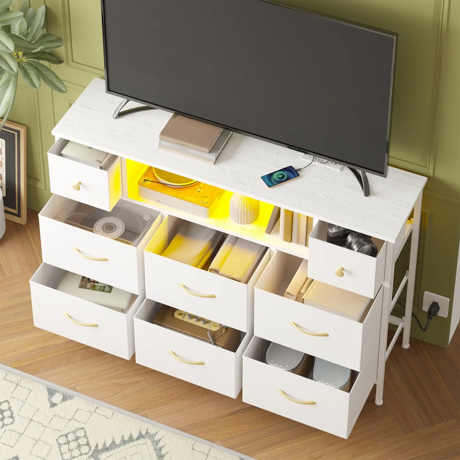 Dresser for Bedroom with Power Outlets and LED Lights, White 55" TV Stand with 8 Drawers, Fabric Chest of Drawers