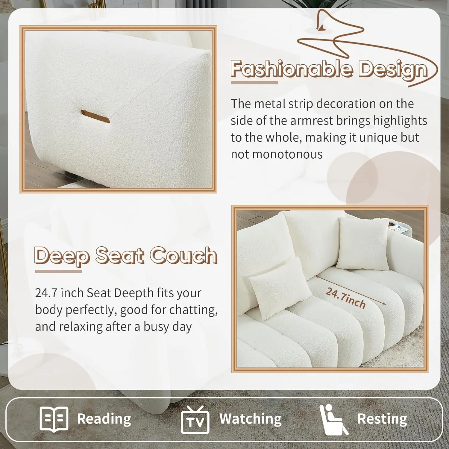 82" Modern Sofa Couch, Comfy Deep Seat Teddy Cloud Sofa, Upholstered 3-Seater Boucle Couch, Oversized Loveseat for Living Room