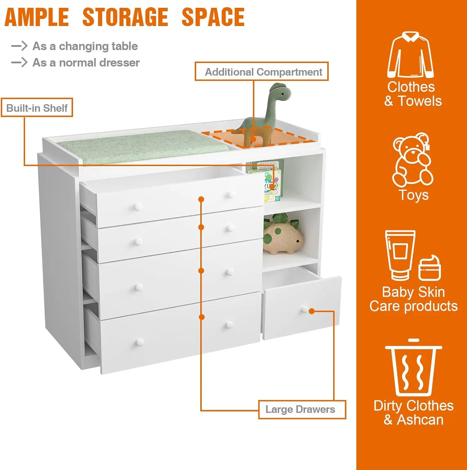 Changing Table Dresser, Baby Classic Nursery Dresser with 5 Drawers and 2 Shelves, Multi-Functional Baby Changing Table