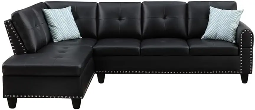 Transitional PU Faux Leather Sectional Sofa with Lift-top Storage Ottoman, for Living Room in Black Finish