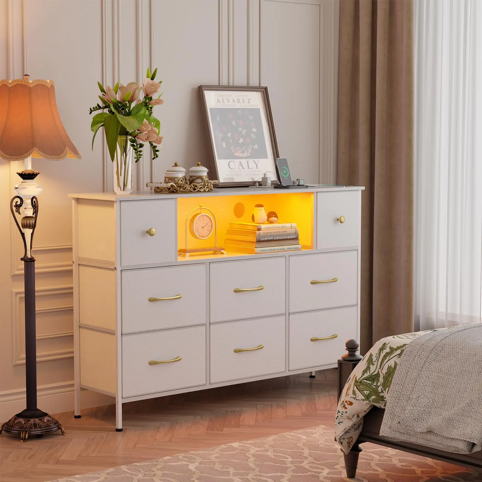 Dresser for Bedroom with Power Outlets and LED Lights, White 55" TV Stand with 8 Drawers, Fabric Chest of Drawers