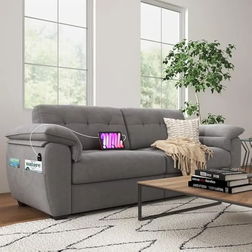 87" Modern Sofa, Comfy Sofa Couch w/Extra Deep Seats, 2/3 Seater Couches w/USB Charging Ports & Side Pockets,(Grey Chenille)