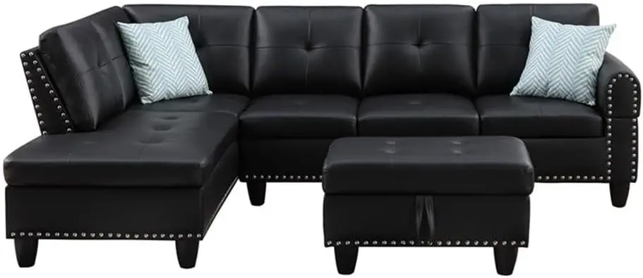 Transitional PU Faux Leather Sectional Sofa with Lift-top Storage Ottoman, for Living Room in Black Finish