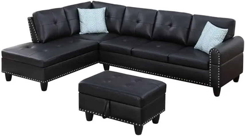 Transitional PU Faux Leather Sectional Sofa with Lift-top Storage Ottoman, for Living Room in Black Finish