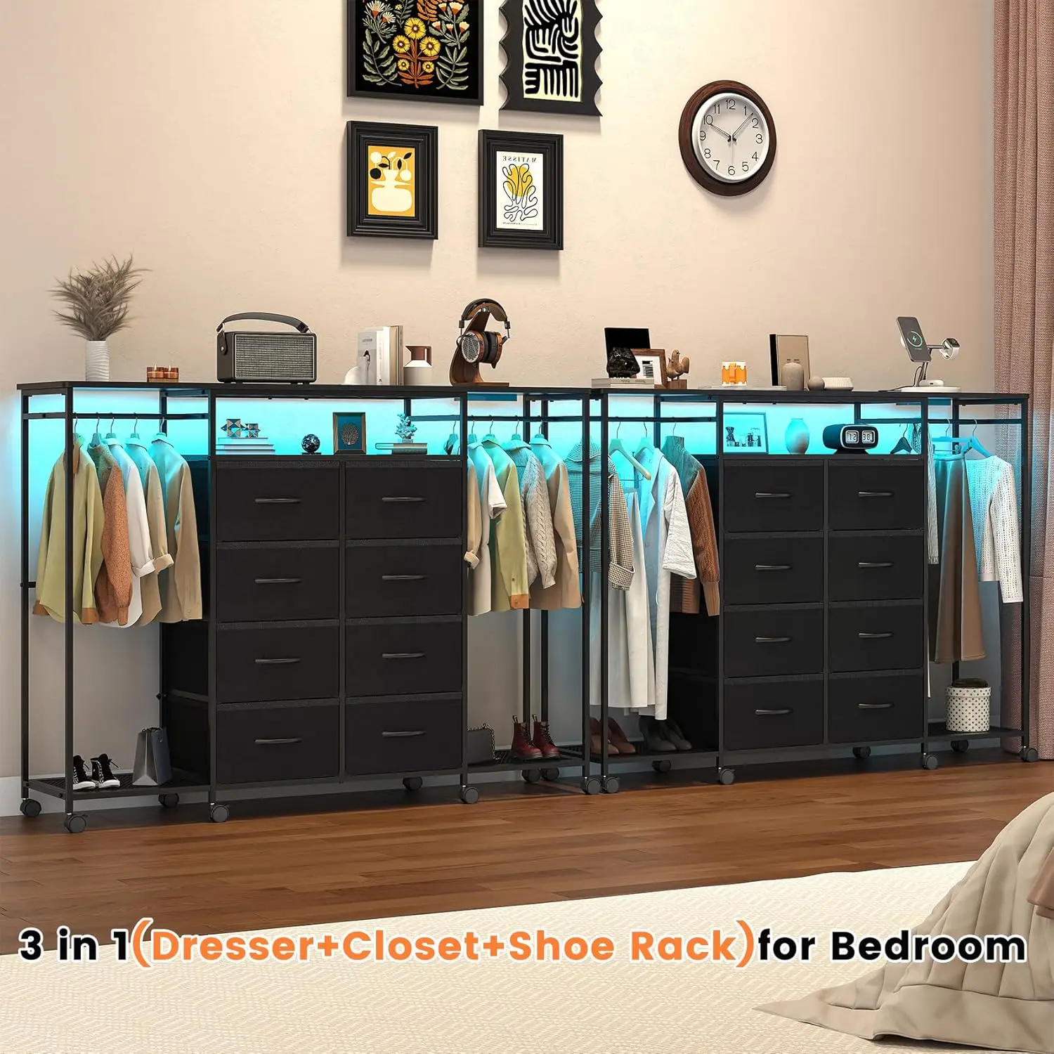 59.1" W Dresser for Bedroom with Hanging Rack, 8 Drawer Dresser with LED Lights & Charging Station, Fabric Dressers