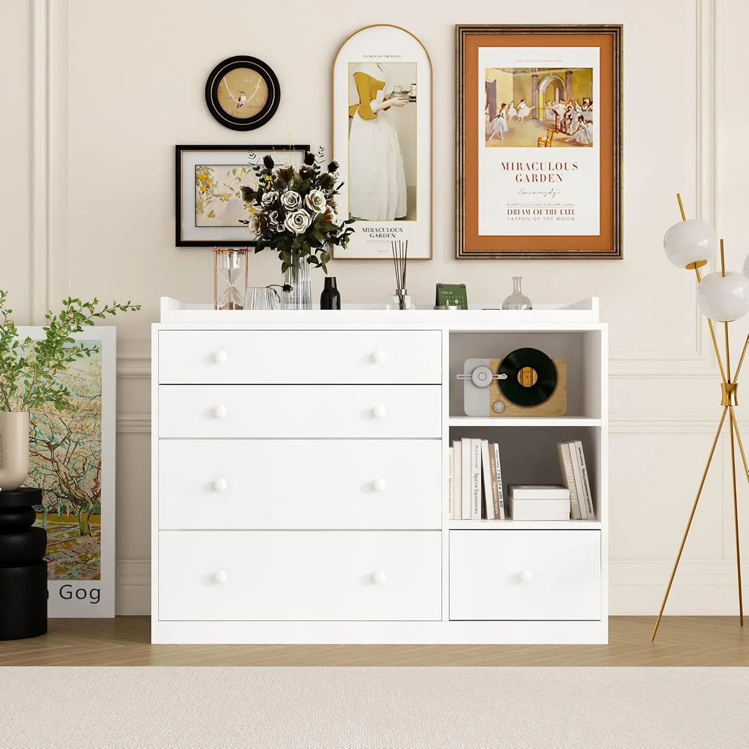 Changing Table Dresser, Baby Classic Nursery Dresser with 5 Drawers and 2 Shelves, Multi-Functional Baby Changing Table