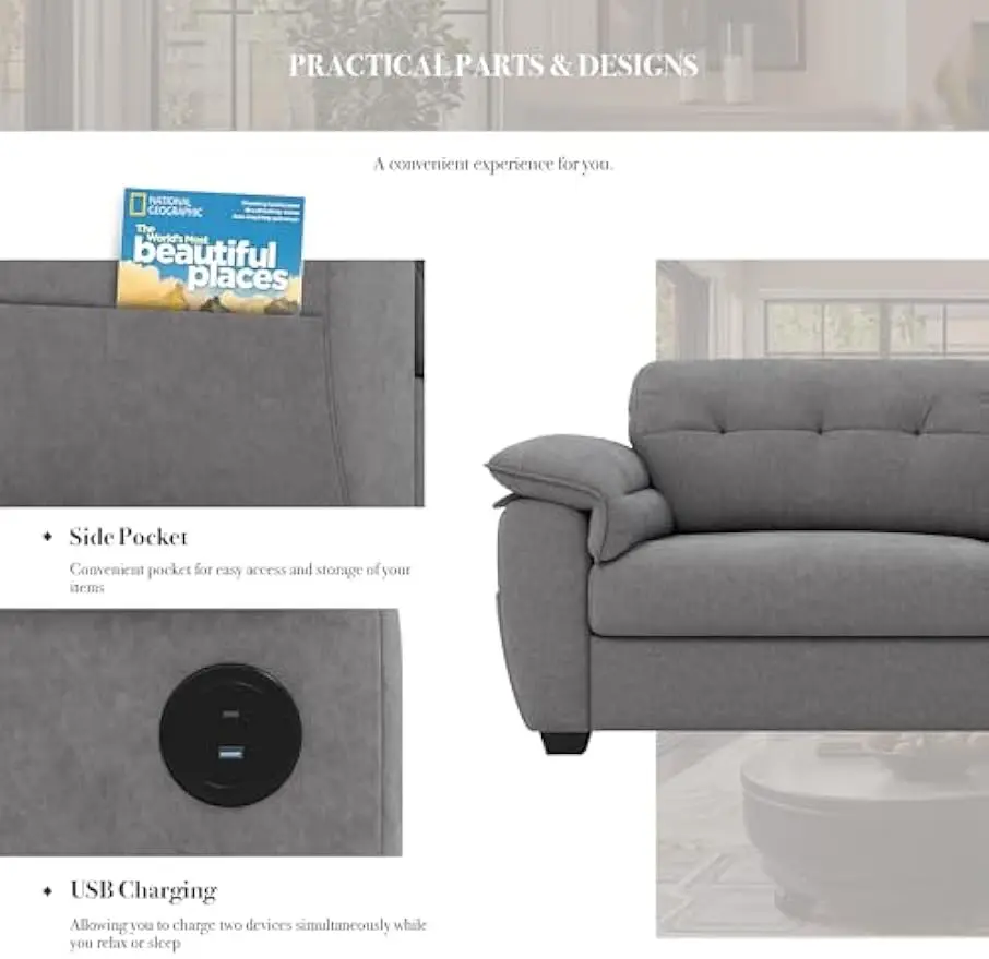 87" Modern Sofa, Comfy Sofa Couch w/Extra Deep Seats, 2/3 Seater Couches w/USB Charging Ports & Side Pockets,(Grey Chenille)