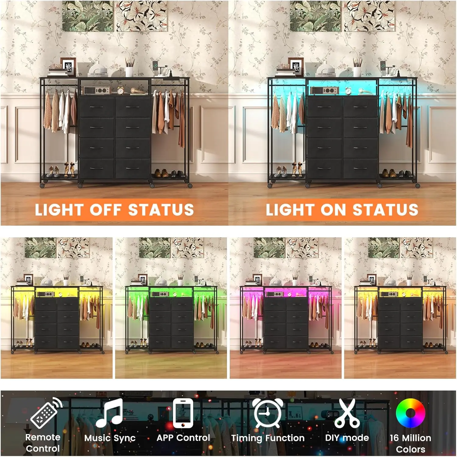 59.1" W Dresser for Bedroom with Hanging Rack, 8 Drawer Dresser with LED Lights & Charging Station, Fabric Dressers