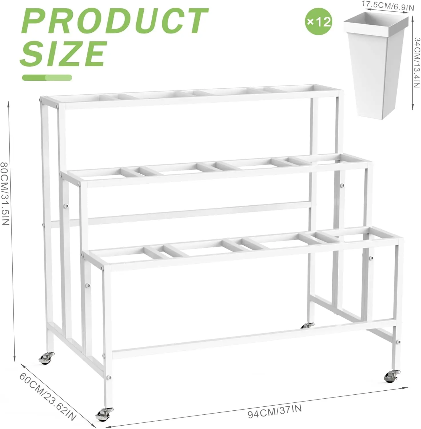 Flower Display Stand with 12 Buckets, 3 Layers Flower Cart White Metal Flower Bar Stand with Wheels, Moving Florist Bouquet