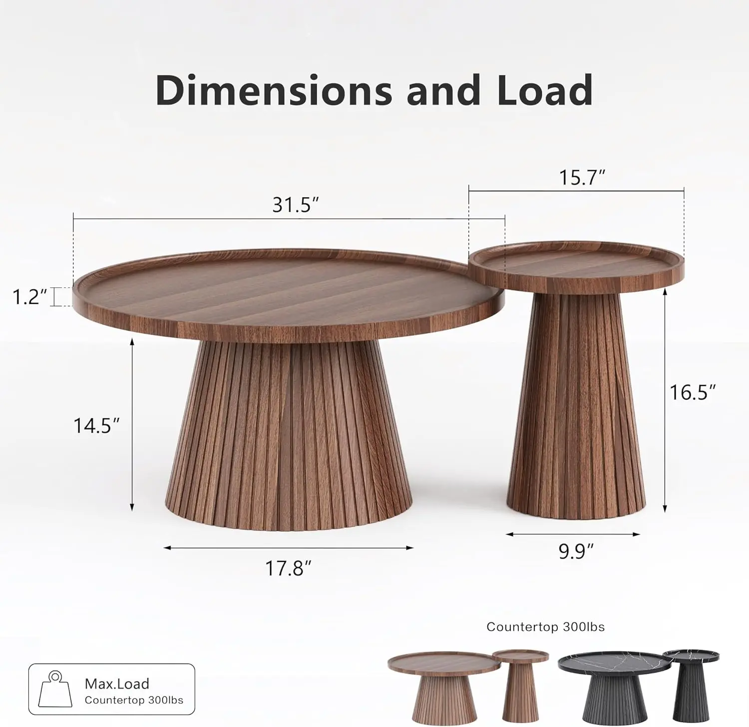 win2win Nesting Coffee Table Set of 2, Mid Century Modern Coffee Table with Wood Grain Veneer, Fluted Round Tea Table