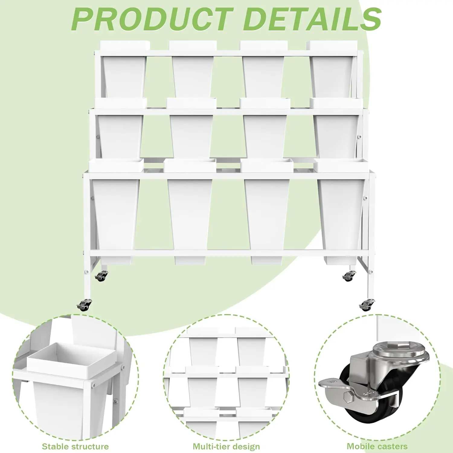 Flower Display Stand with 12 Buckets, 3 Layers Flower Cart White Metal Flower Bar Stand with Wheels, Moving Florist Bouquet
