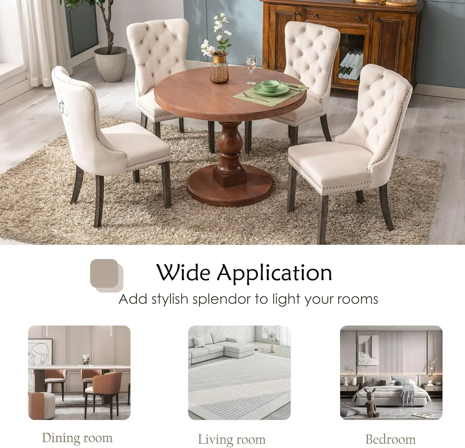 Velvet Dining Chairs Set of 6, Upholstered High-end Tufted Dining Room Chair with Nailhead Back Ring Pull Trim Solid Wood Legs