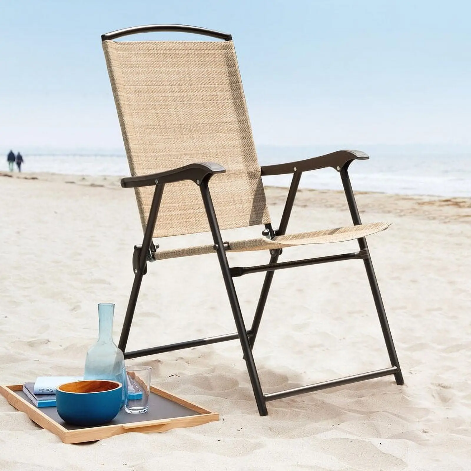 2 Pieces Patio Folding Chairs Outdoor Chairs Textilene Furniture Chair Set, Beige